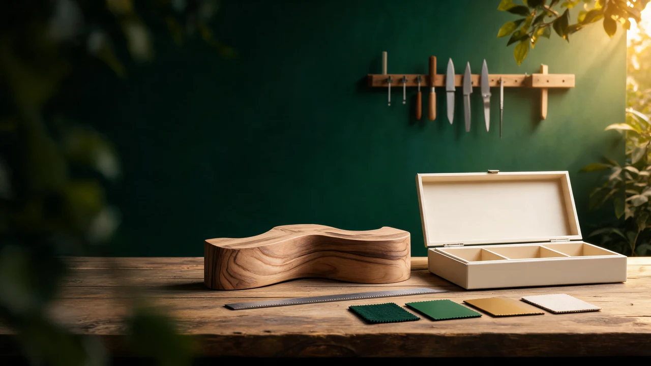 Concept artwork of a circular shared worktable and timber workshop beside a forest lake.