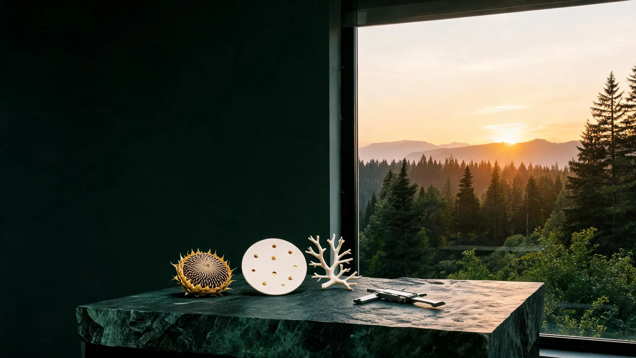 Concept artwork of a circular shared worktable and timber workshop beside a forest lake.