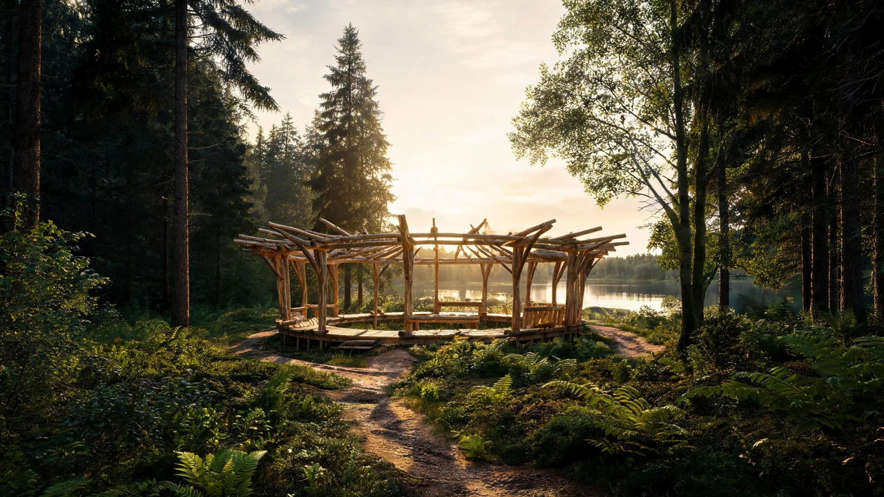 Illustrative circular wooden meeting place among trees beside a lake.
