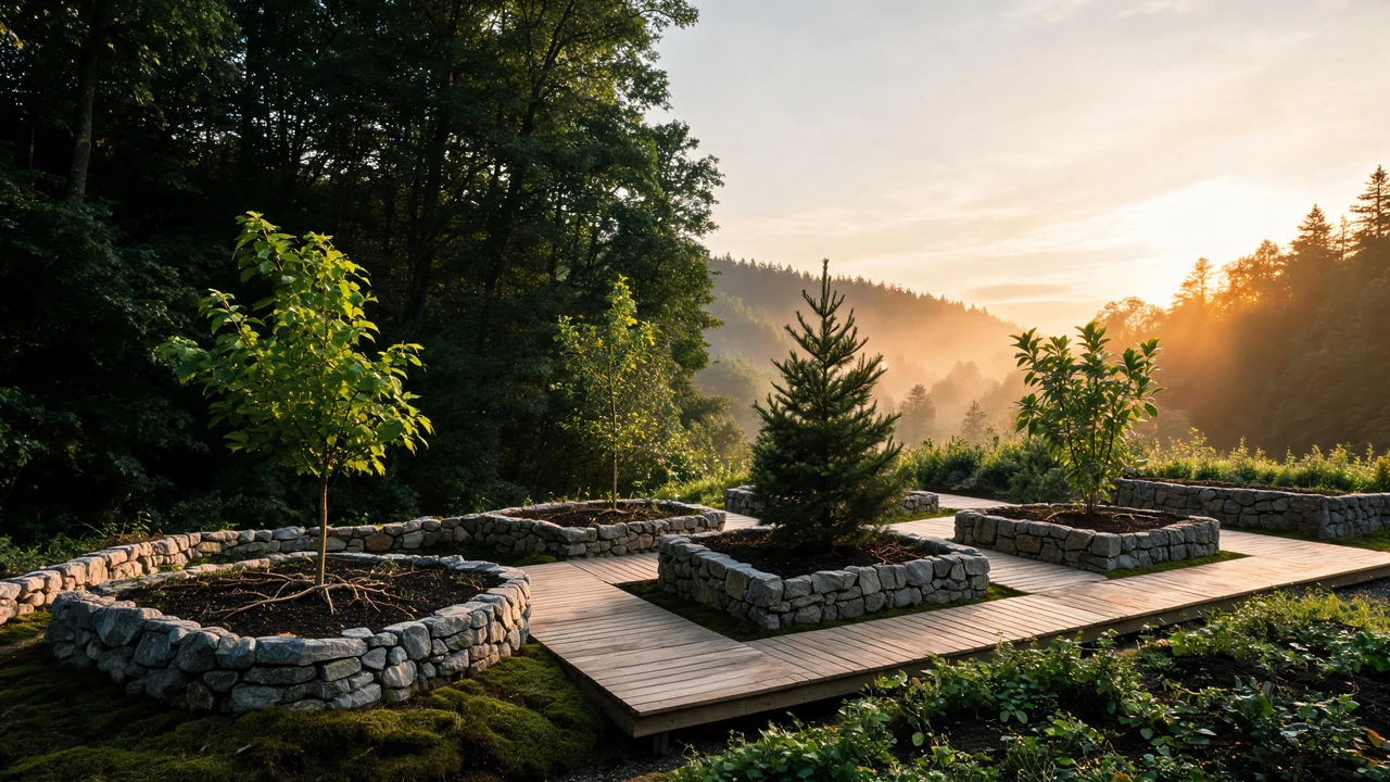 Concept artwork of a circular shared worktable and timber workshop beside a forest lake.